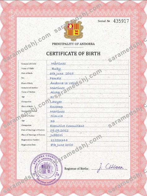 Andorra vital record birth certificate PSD template